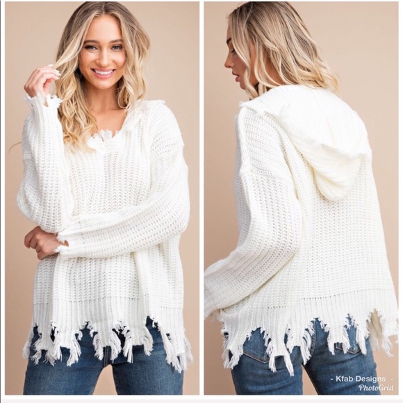 Ivory ML Chunky Knit Frayed Hem Hoodie Sweater - Picture 3 of 4